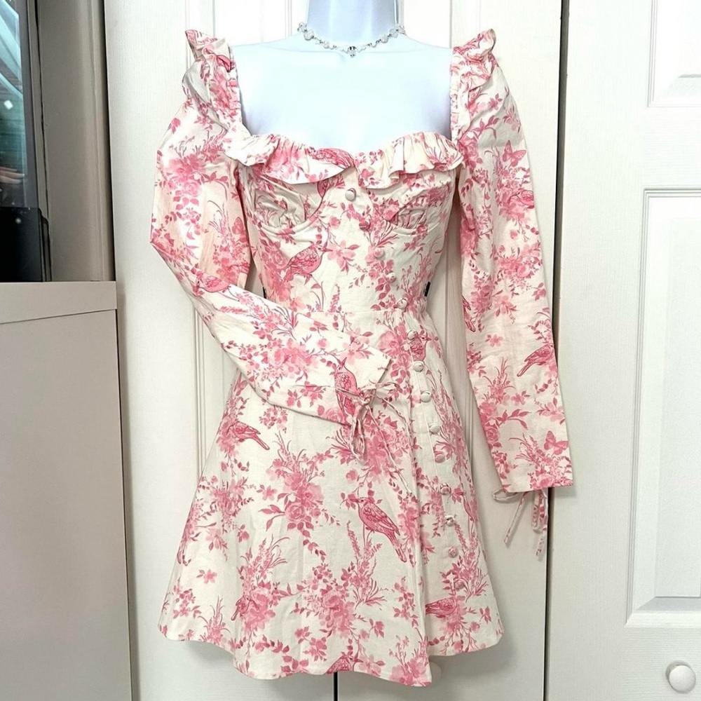 MAJORELLE Pink and White Puff Sleeve Mini Dress - Picture 2 of 3